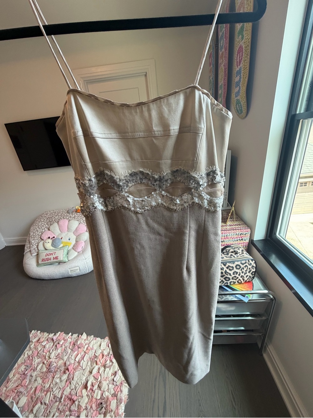Etcetera Beige and Taupe Slip Dress with Beaded Waist Detail